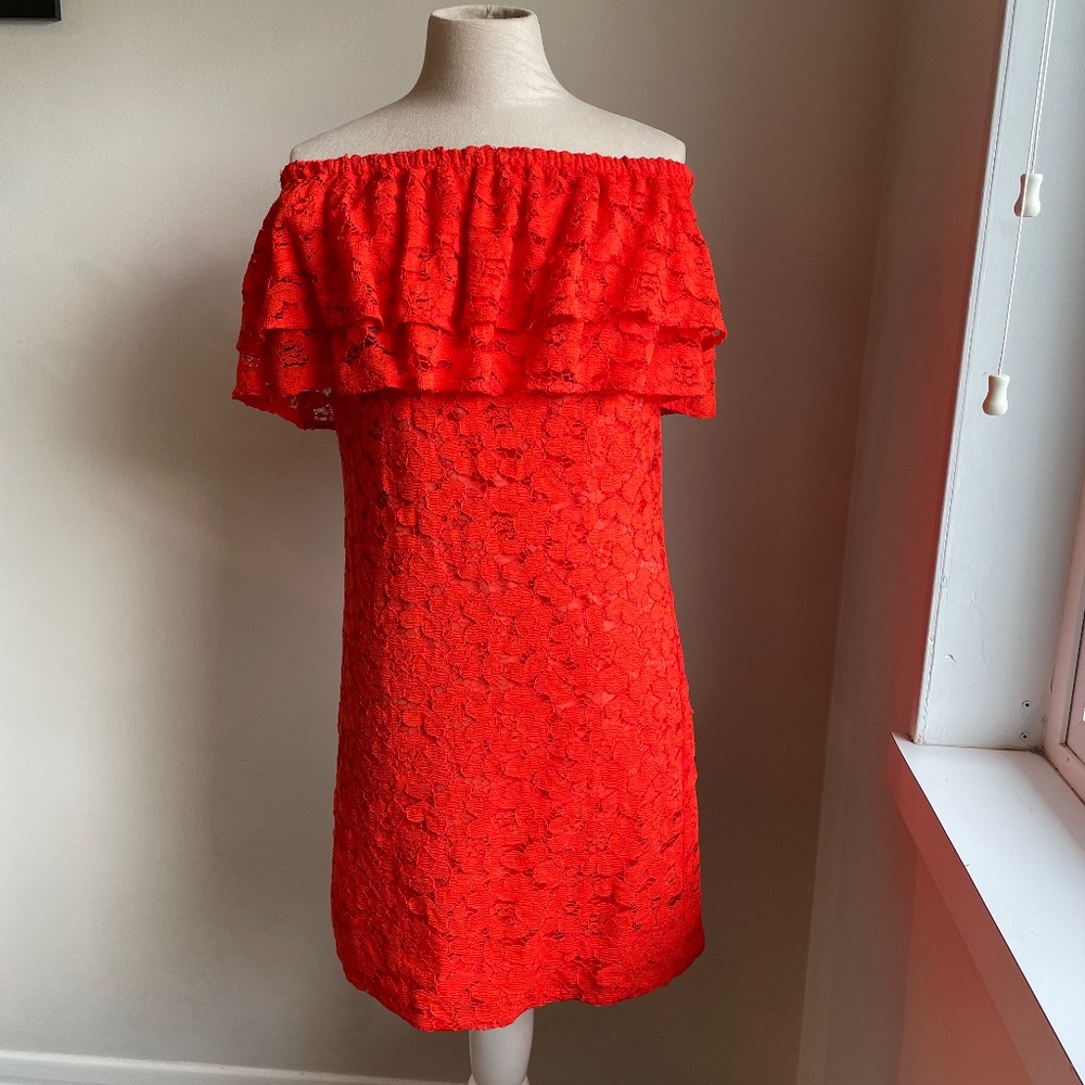 Trina Turk size xs orange lace off shoulder dress.